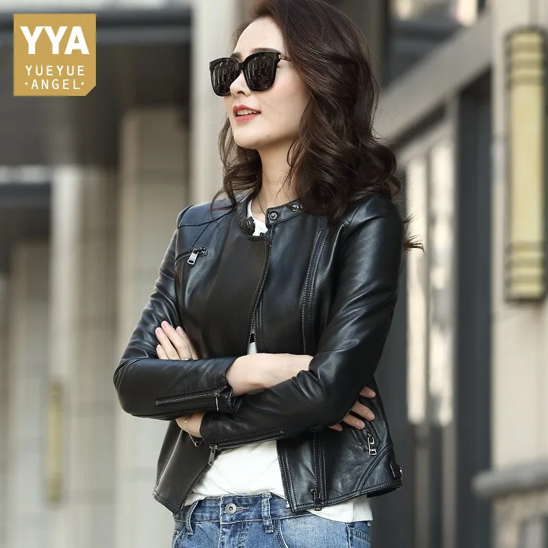 Корейская приталенная байкерская куртка из натуральной кожи с