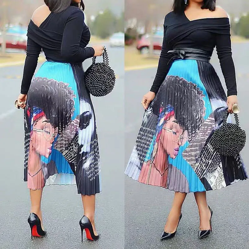 Beauty Cartoon Skirt Brand New 2020 Fashion Summer Skirts Womens High Waist Elastic White Midi Pleated Vintage Female | Женская одежда