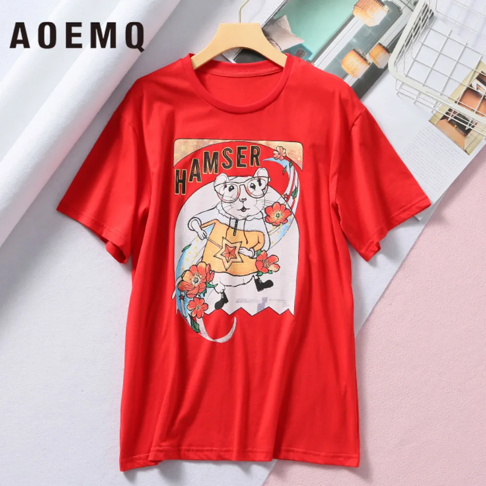AOEMQ 5 Colors T-shirts Cartoon Animal Mouse Pattern Casual Breathable Cotton Sweat Women Summer Clothing | Женская одежда