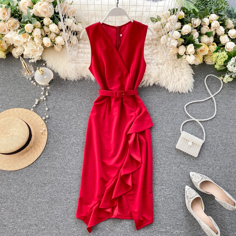 

2020 Ruffles Slim V Neck Summer Midi Bandage Irregular Bodycon Dress Party Tank Sundress Women Casual Knee Length Dress PP461