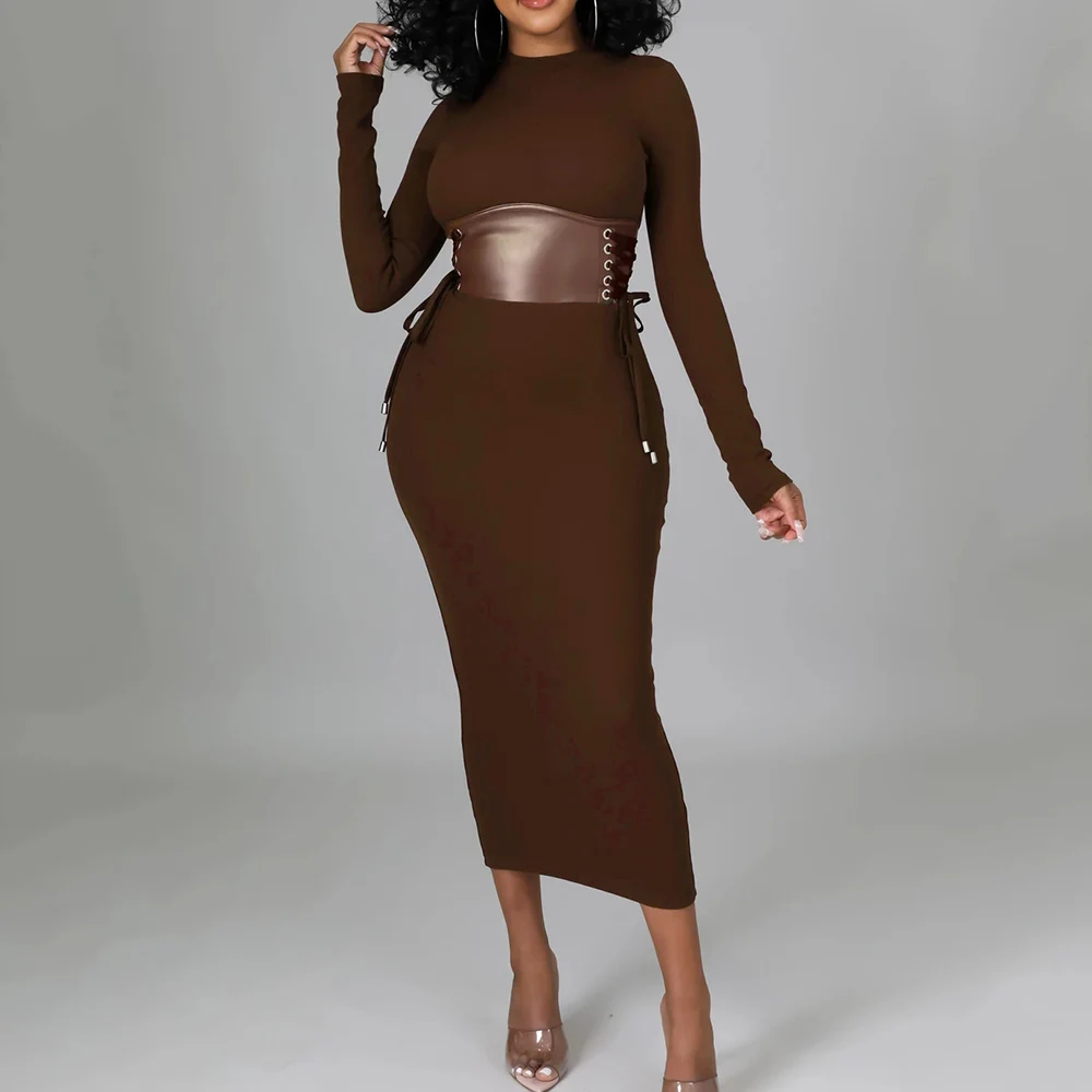 

Женское облегающее платье с поясом и корсетом, черное облегающее платье средней длины с длинным рукавом на осень