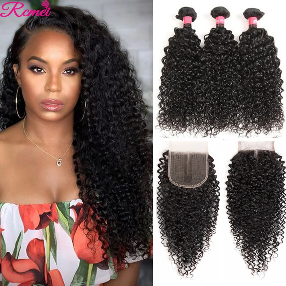 

40" Deep Curly Wave Bundles With Closure Brazilian Bundles With 5x5x1 Closure Kinky Curly Human Hair Bundles With Closure Remy