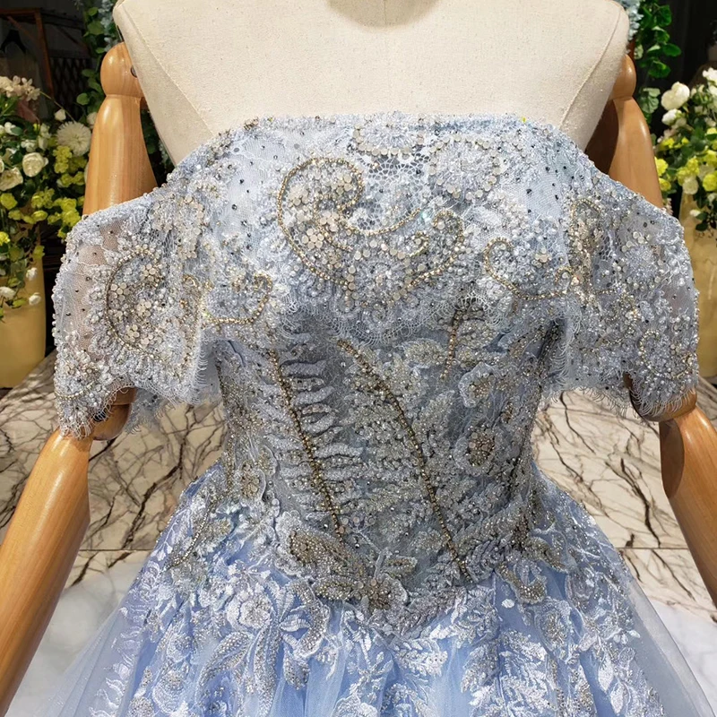 BGW HT41429 Light Blue Long Wedding Dress Lebanon Bead Off Shoulder Sexy Backless Cheap Formal Dress Karakou Algeria Barato