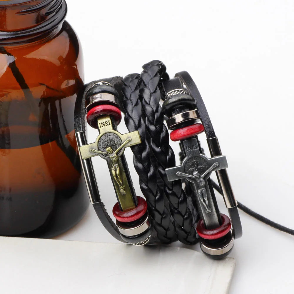 Leather Jesus Cross Bracelet Braided Bracelet String For Men Denim Soft Leather Cross Bracelets Gold Sliver Metal Wristband europe and united states popular jesus cross bracelet inri crucifix jesus cross bracelet punk titanium men thomas style gift