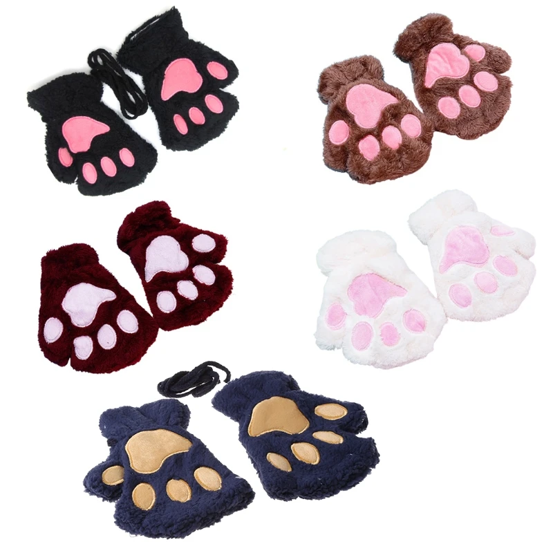 

New Women Adult Winter Warm Half Finger Gloves Cute Cartoon Cat Paw Embroidery Anime Kitten Thicken Fuzzy Plush Fingerless Hand