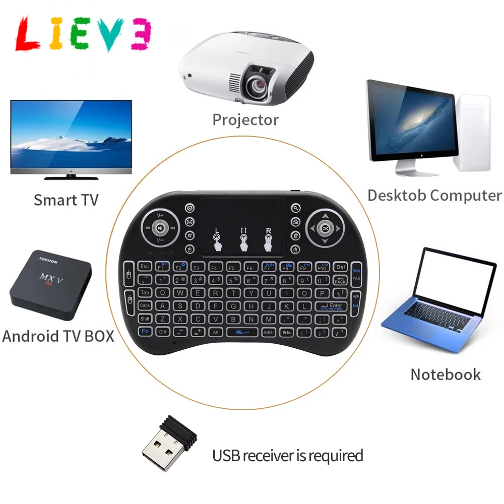 

3 color Backlit i8 Mini Wireless Keyboard 2.4ghz English Air Mouse with Touchpad for Laptop TV Android TV Box use AAA Battery