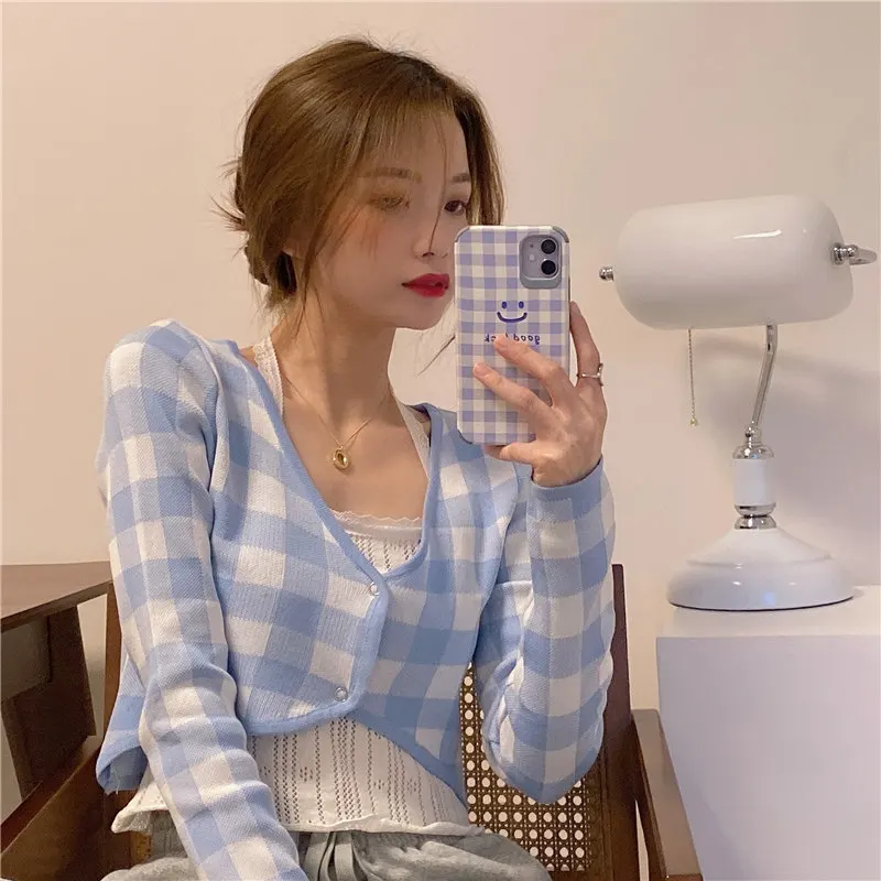 

Plaid Knitted Cardigan Women's T Shirts Autumn New Style Ins Korean Short Long-sleeved Gentle Wind Blue Tops For Women