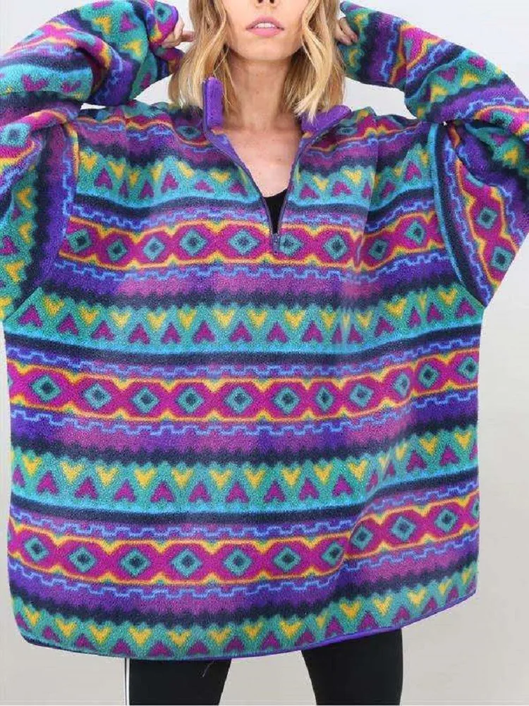 

Purple Geometry Vintage Printing Oversized Sweatshirt Women Warm Winter Tops Brand Vintage Stand Collar Plus Size Teens Girls