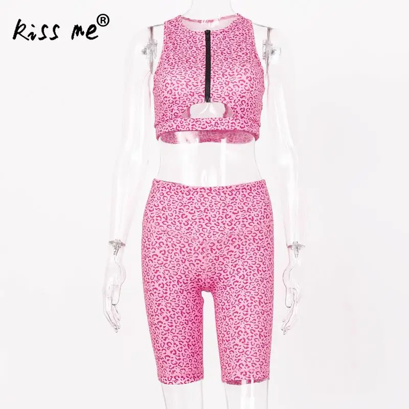 Pink Crop Top Women Yoga Set Vintage Two Piece Tank Pants Leopard Suit Sexy Workout Sports Sets Leggings+Strappy | Спорт и