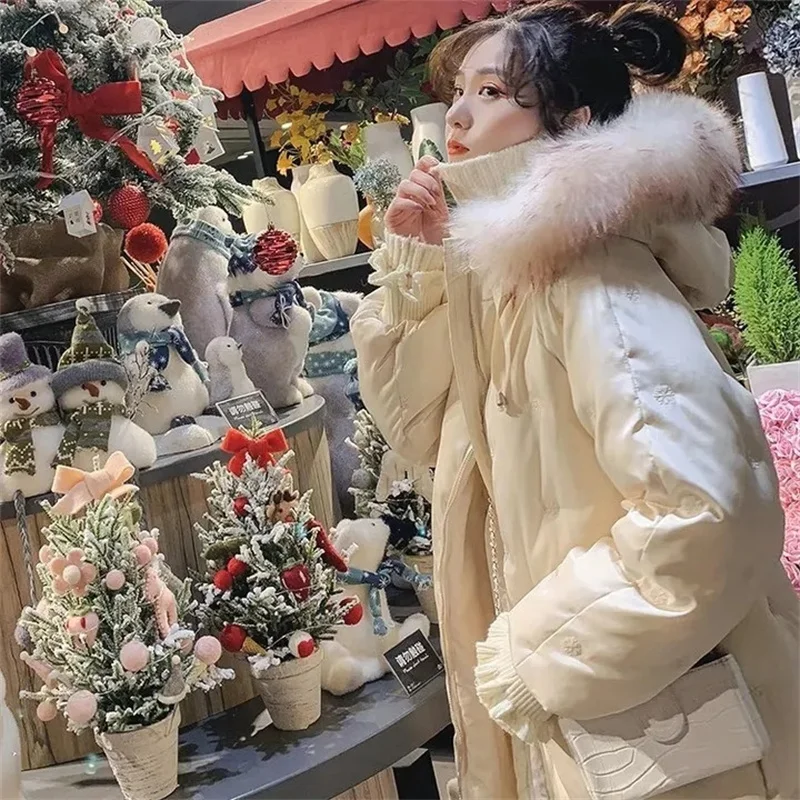 Cotton Jacket Women2021New Snowflake Embroider Version Of Thick Mid-length Padded Coats With Large Fur Collar Loose Coat M134
