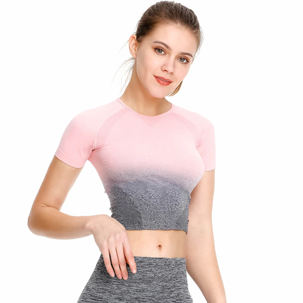 

Women Ombre Sports Nylon T Shirt Seamless Short Sleeve Running Movement Crop Golf Wear Four Way Stretch Fitness Gym Workout Tops