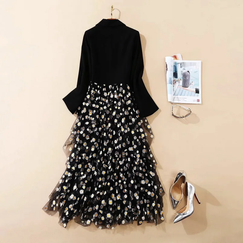 

Quality New Top Long Blazer Dress 2021 Autumn Women Vintage Flower Print Patchwork Long Sleeve Mid-Calf Cascading Ruffle Dress