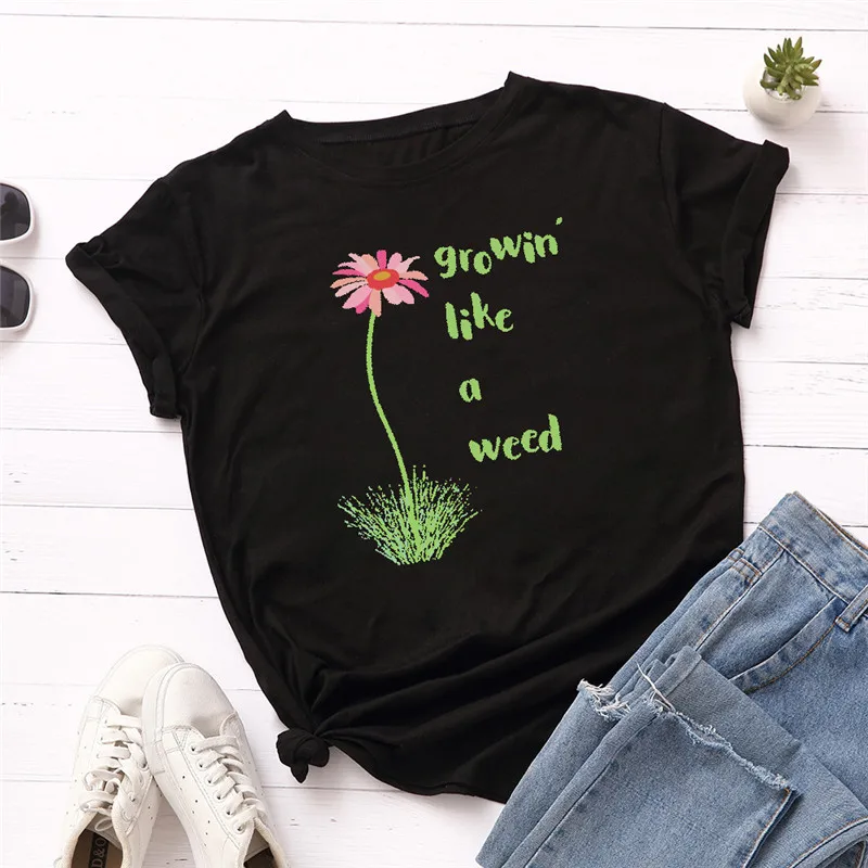 

Flower T Shirt Women Cotton Summer Plus Size Cute Grass Print Short Sleeve O-Neck Graphic Tees Tops Casual Tshirt Feminina