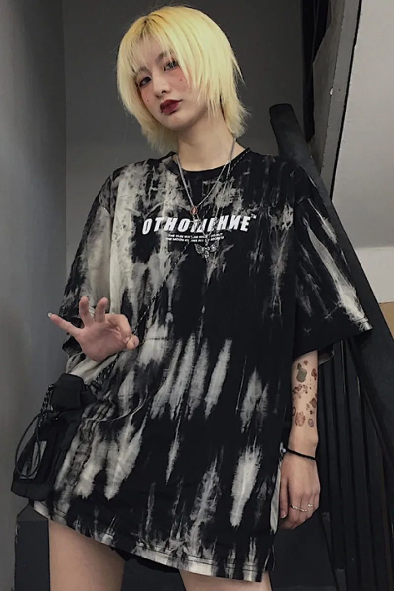 

WHOHOLL Short Sleeve T-shirt Women's Spring Gothic Punk Letters pirnt Long Loose Base Tshirt With Loose BF Style Black Women Top