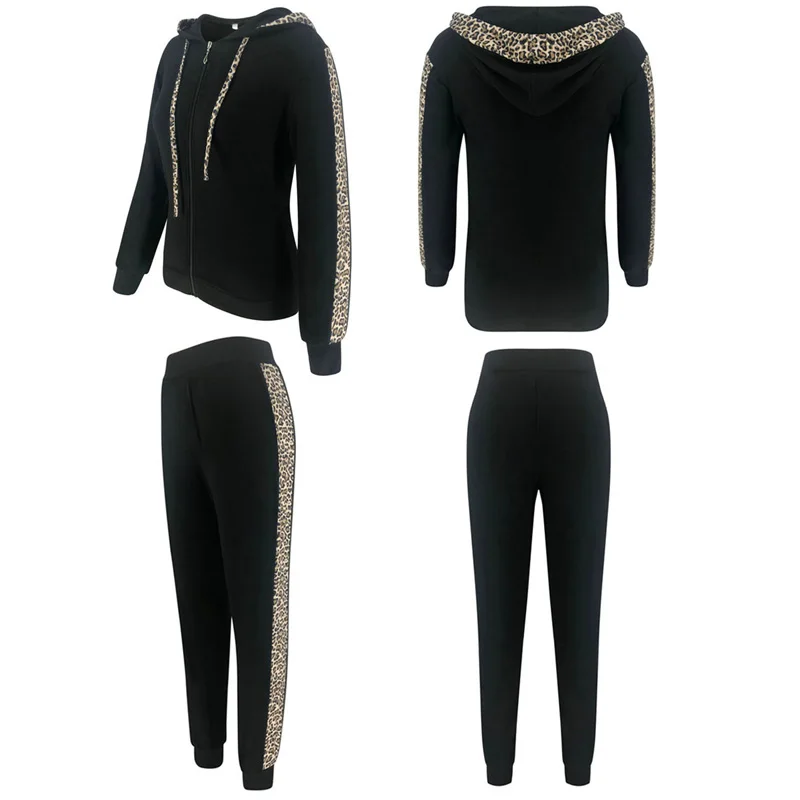 

Women Autumn 2 Piece Outfits for Streetwear Leopard Patchwork Design Hoodies Decor Slim Zipper Top+Elastic Waist Pencil Pants