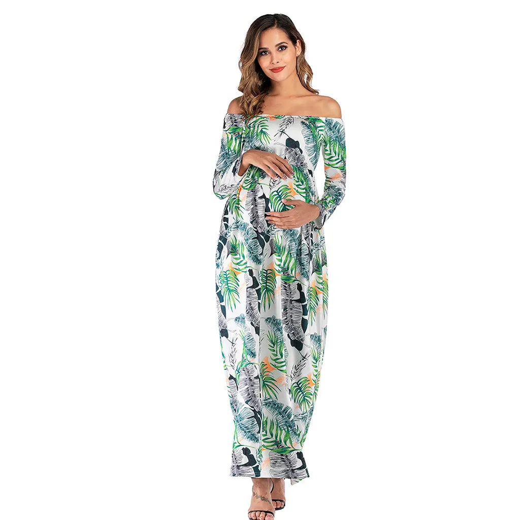 Длинное платье для беременных женское с открытыми плечами и длинными рукавами