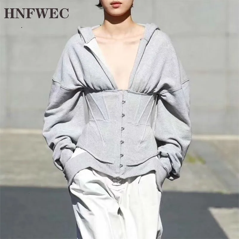 Осенние корсетные толстовки для женщин с длинным рукавом и v образным вырезом