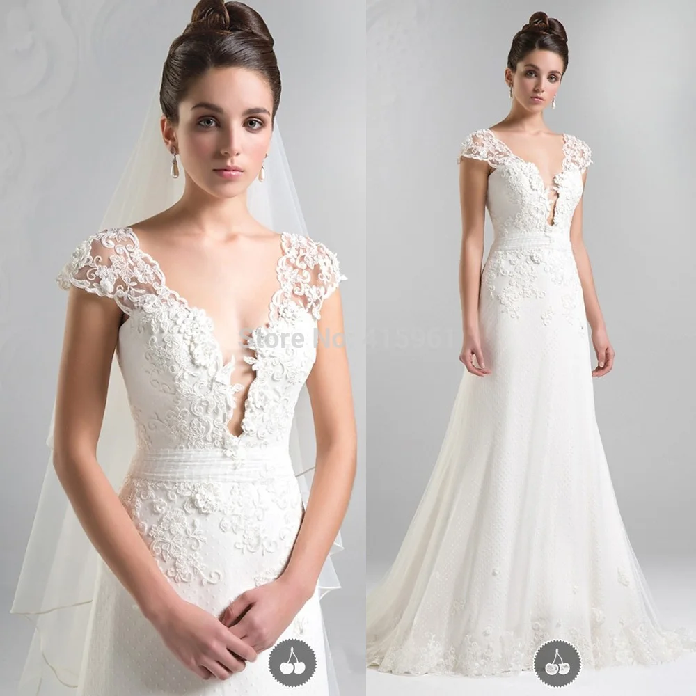 

vestido de noiva Casamento 2019 Elegant Lace Wedding Dress V Neck Cap Sleeve A Line Bridal Gowns Bandage Dresses Floor Length