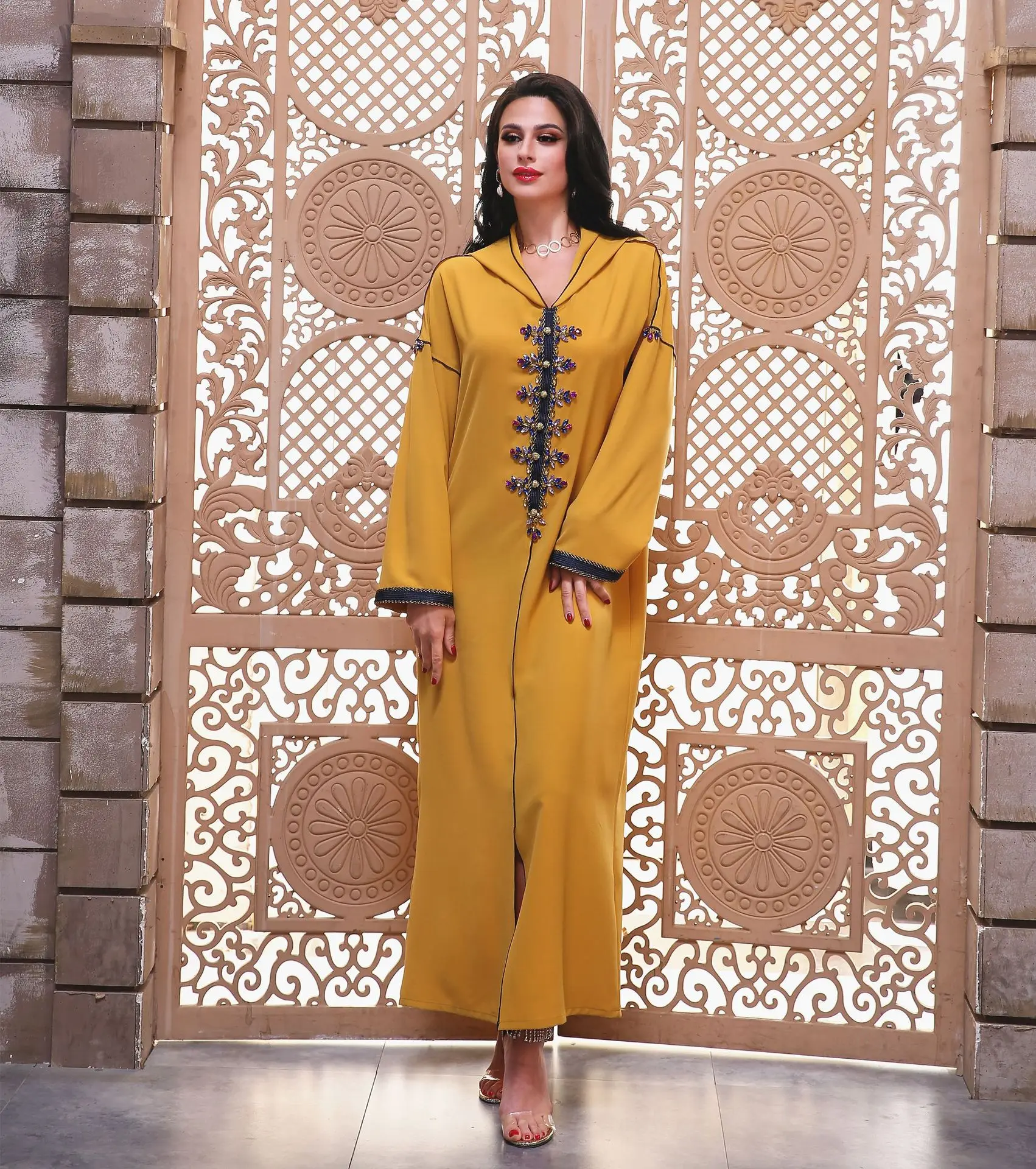 

Diamond-studded Robe One-piece with Hood Turban Dress Banquet Ethnic Style Exotic Elegant Woman Abaya Fashion Muslim Yellow plus