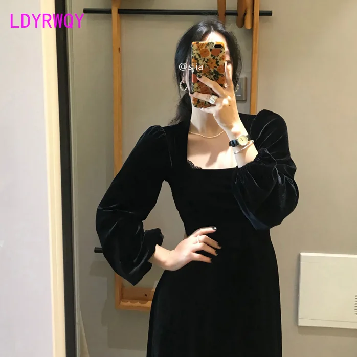 Женское бархатное платье до колена с квадратным вырезом и в стиле ретро для офиса