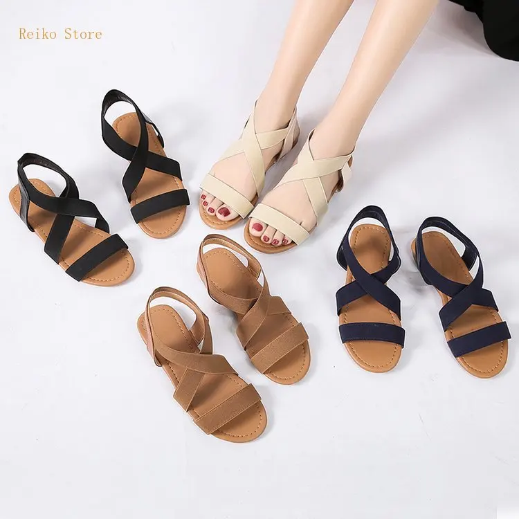 

Women's Sandals Summer New 2021 Simple Flat Sandals Solid Color Elastic Band Roman Sandals plus Size Slippers Soft Bottom