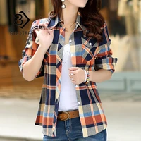 women cotton shirt plaid female slim fit blouse korean style long sleeves tops casual outwear femme blusas t18701x