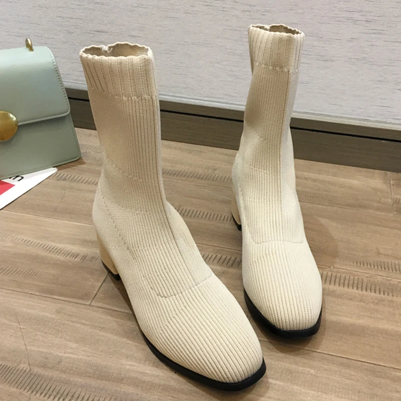Beige Пикантные женские ботильоны бежевого и черного цвета; модная женская обувь без застежки; тянущийся носок; Новинка года; сезон осень-зима; женские ботинки; повседневная женская обувь - Цвет: Beige