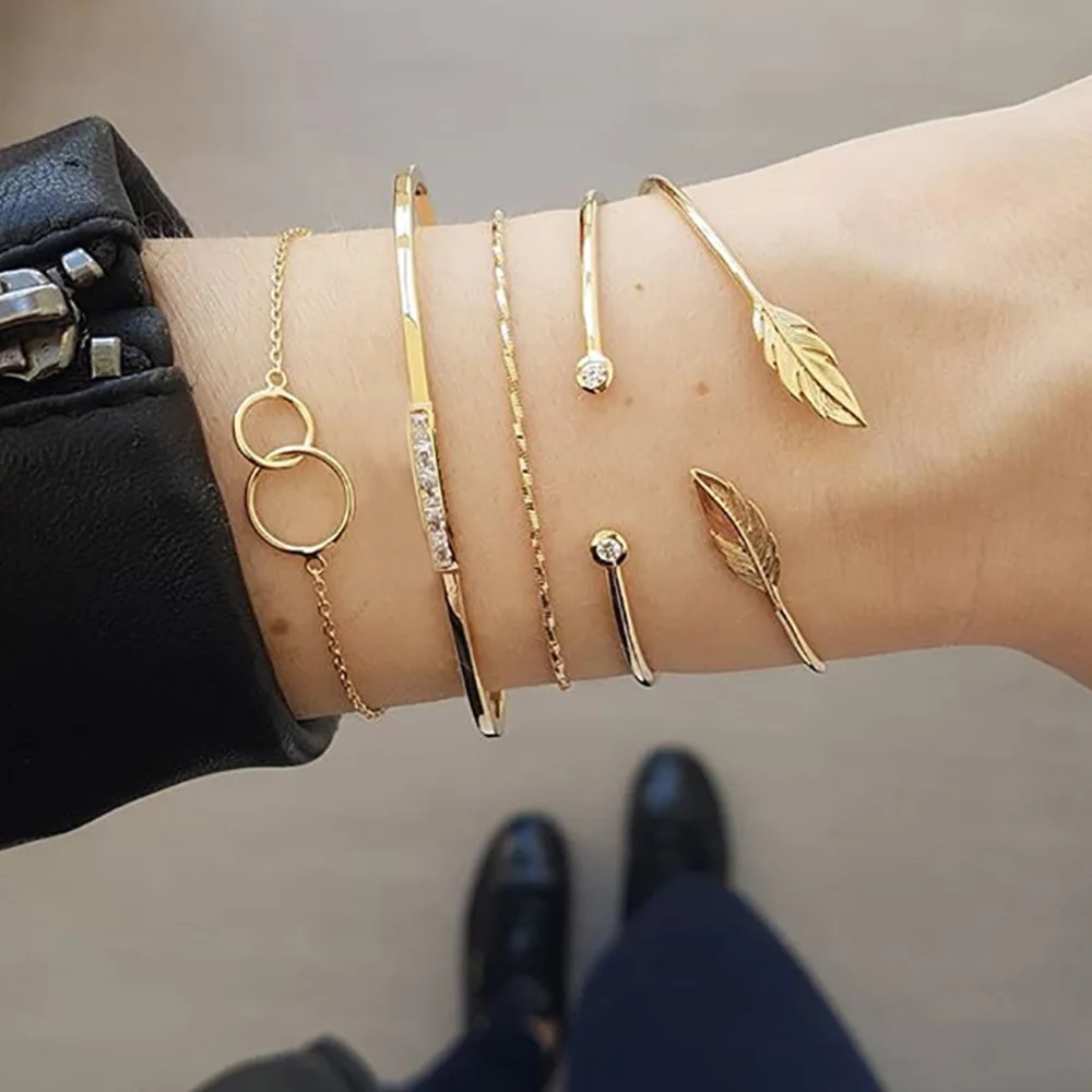 

5 Pcs/Set Fashion Simple Leaf Diamond Bracelet Multi-layer Geometric Adjustable Bangles Girls Stainless Steel Jewelry Set Gift