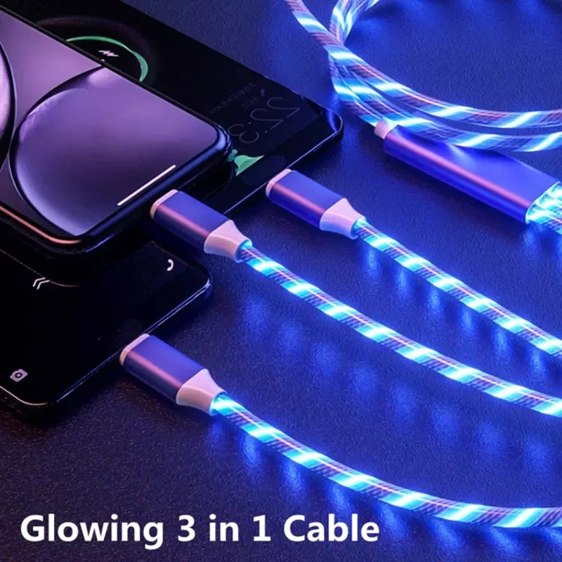 Светодиодный течет 3 в 1 USB кабель Micro Type C Яркий светящийся шнур зарядного