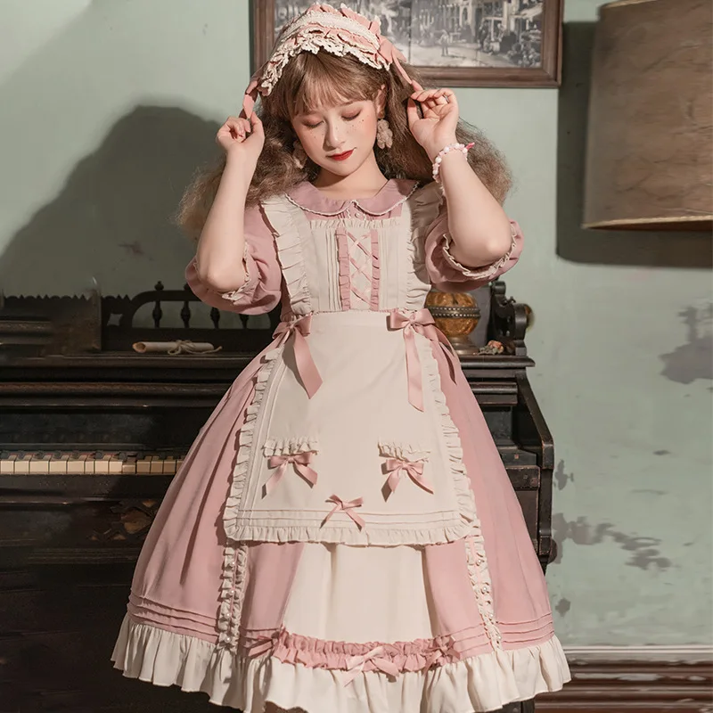 

New Vintage Peter pan Collar Cute dress long Lolita dress female temperament was thin high waist ruffles with bow dress F2861