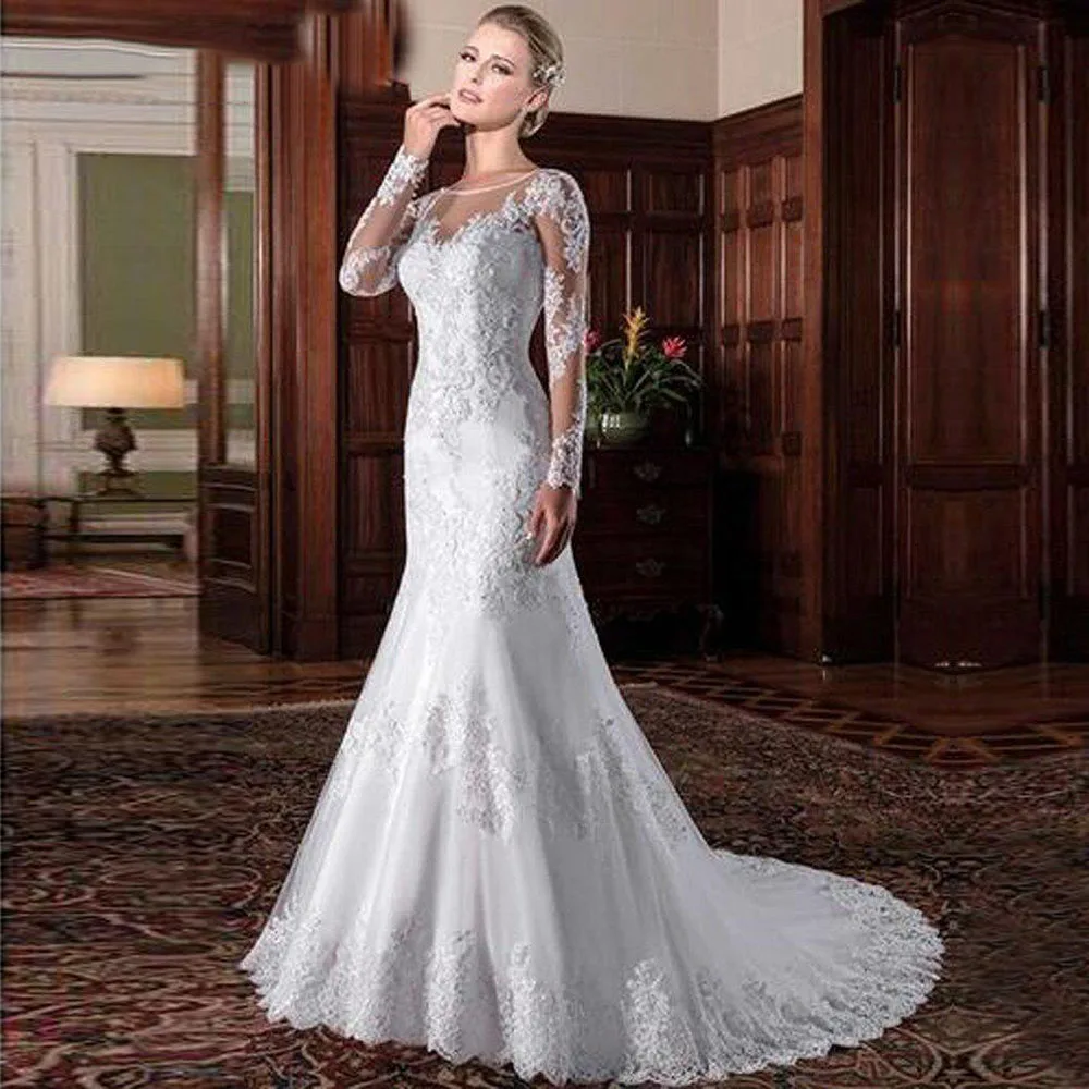 

Женское платье с юбкой годе, кружевное Прозрачное платье с длинными рукавами, круглым вырезом и аппликацией, из тюля, на пуговицах сзади, 2021