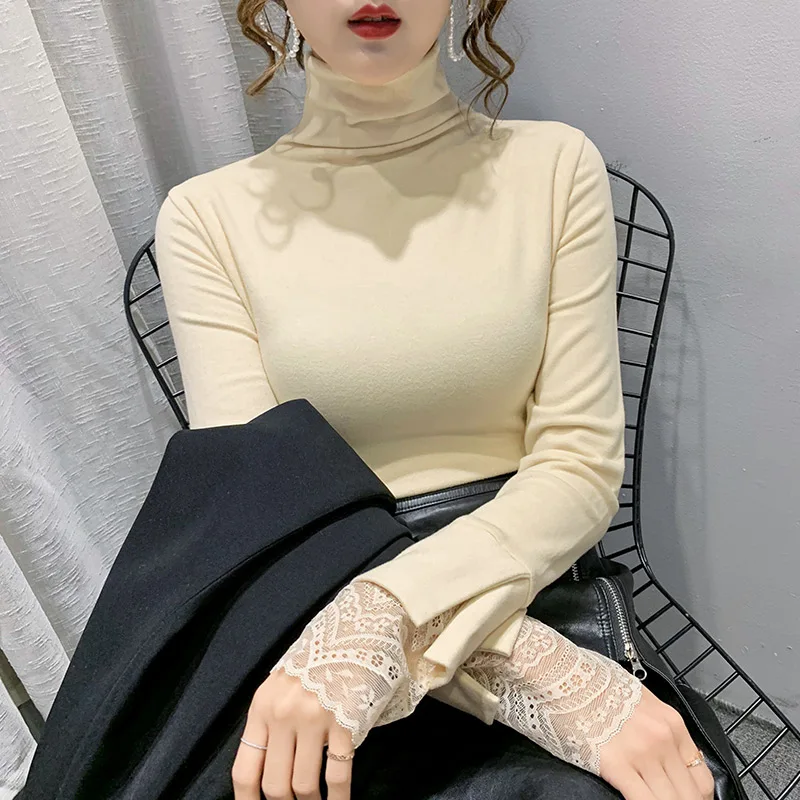 

Turtleneck Lace Women's T-shirt Long Sleeve Tops T Shirt Autumn Winter Solid Poleras Mujer Slim Tee Shirt Femme Korean Clothes