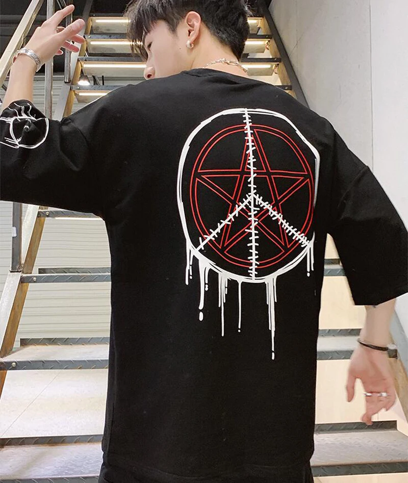 

Мужская летняя футболка с коротким рукавом в стиле хип-хоп, свободная уличная футболка с принтом в стиле Харадзюку, Высококачественная Крас...