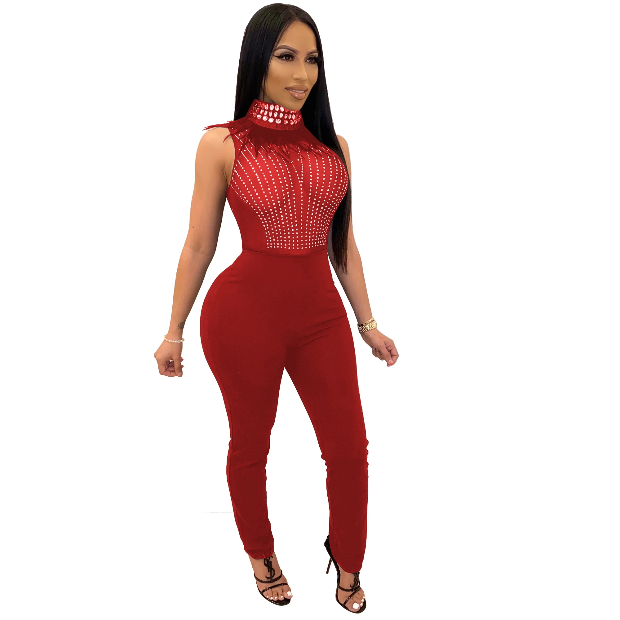 2020 зимние женские сетчатые комбинезоны с перьями одежда длинным рукавом