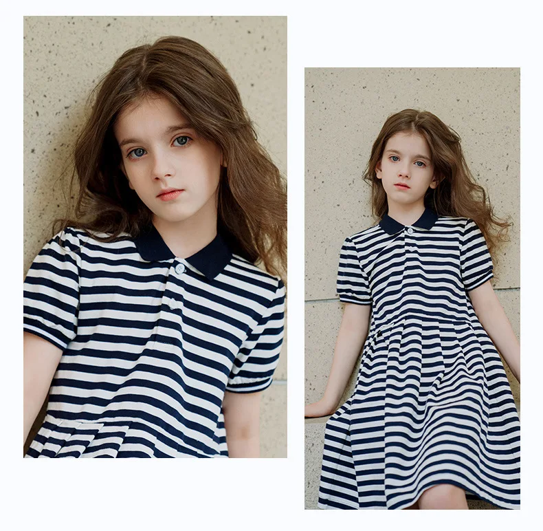 

Summer Striped Print Dress For Girls Children Turndown Collar Short Sleeve Mid Length Gowns Kids Casual Soft Dresses Clothing
