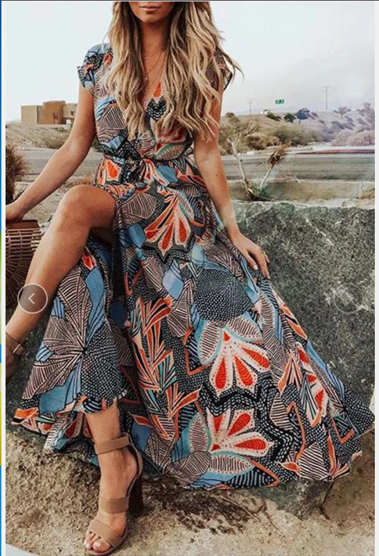 

2020 new flower V-neck short-sleeved big bohemian dress