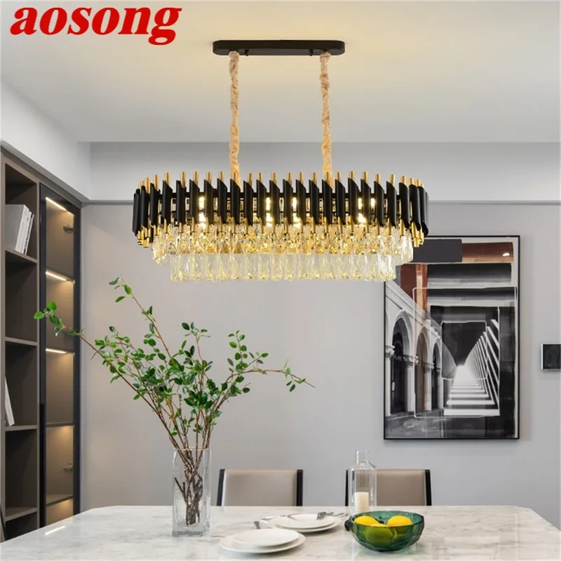 

AOSONG Black Chandelier Fixtures Postmodern Luxury Crystal Rectangle Pendant Lamp Light Home LED for Living Dining Room