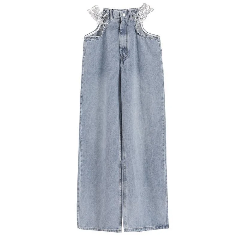 Women High Waist Korean Loose Casual Wide Leg Denim Pants 2023 Sexy Chain Fashion Trouser Boyfriend Jeans Female Streetwear Pant