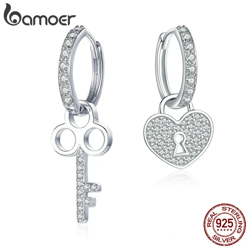 BAMOER, классика, 925 пробы, серебряные, в форме сердца, с замком, висячие серьги для женщин, свадебные, Обручальные, ювелирные изделия SCE577