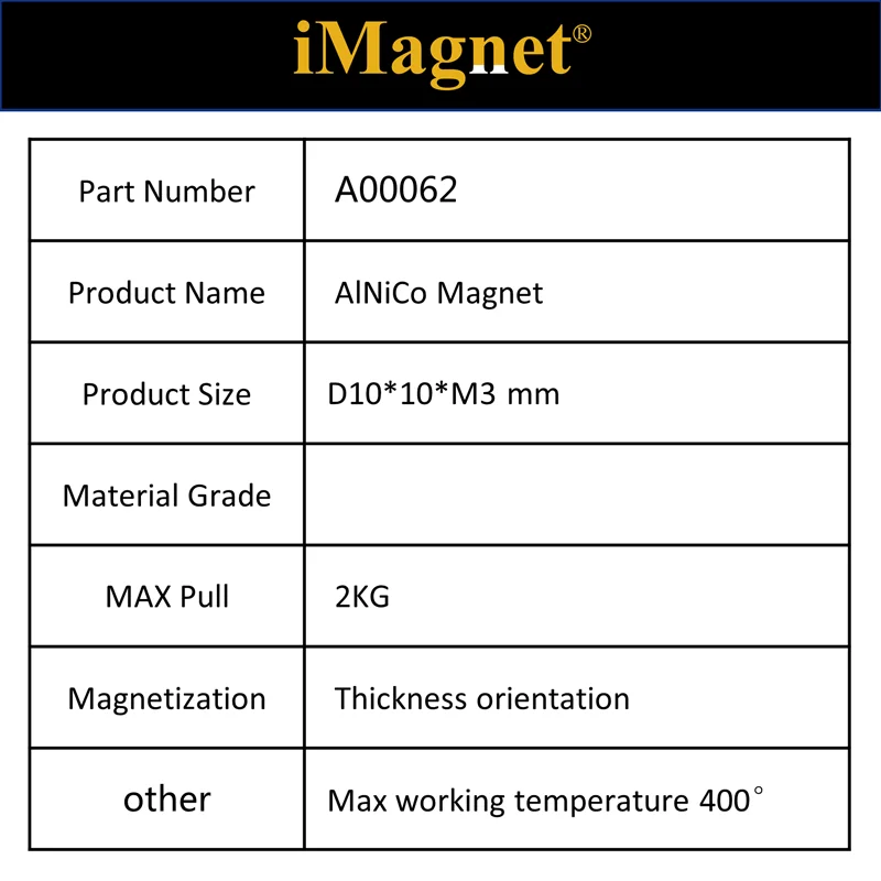 

A00062 4pcs/lot Cylindrical LNG60 AlNiCo magnet,D10*10*M3mm,Copper suction parts,High temperature magnet