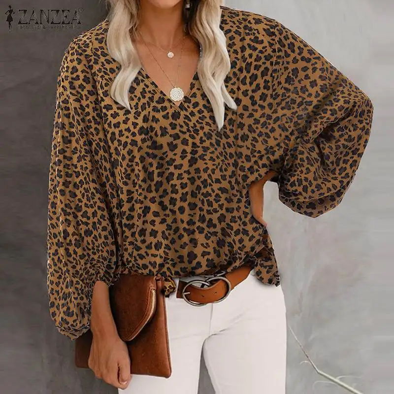 

Female Casual OL Shirt Oversized ZANZEA Fashion V Neck Blouse 2021 Women Leopard Printed Tops Autumn Vintage Puff Sleeve Chemise