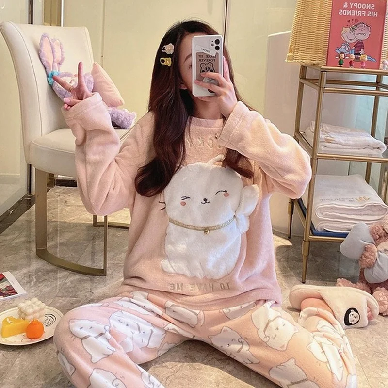QWEEK Pajama Set Women Flannel Pijamas Winter Home Clothes Unicorn Loungewear Sleepwear Knitting Pyjamas Comfortable Warm Sweet