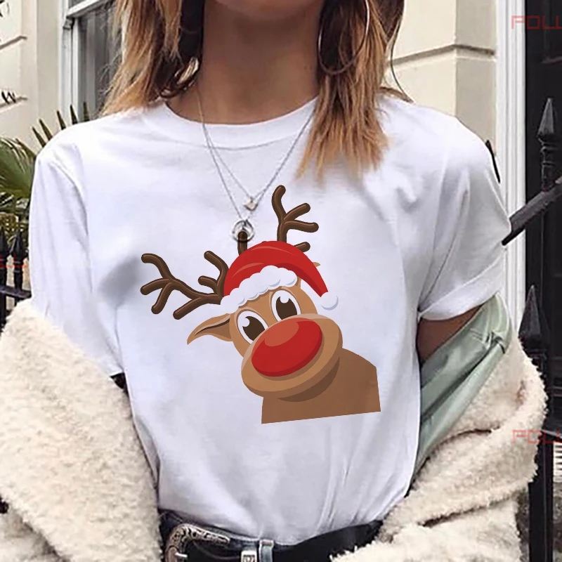 

Women Fashion Christmas Harajuku Short Sleeve T-shirt White Suitable All Seasons Tshirt Tops Maycaur New Cute Reindeer T Shirt