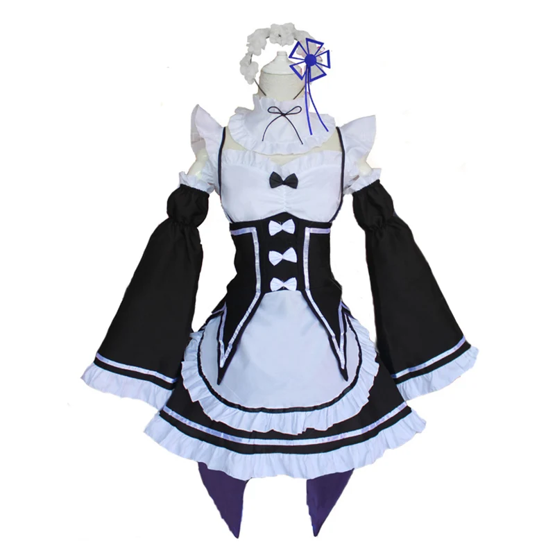 Аниме Костюм для косплея Re:Zero Kara Hajimeru Rem Ram с длинными рукавами и вырезом лодочкой