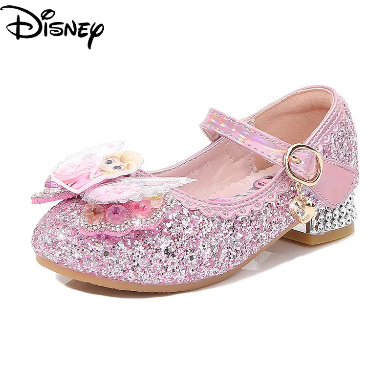 

Original Disney Frozen Aisha Princess Girls High Heels Children's Sequined Leather Shoes Soft Sole Crystal Shoes Korean Shoes