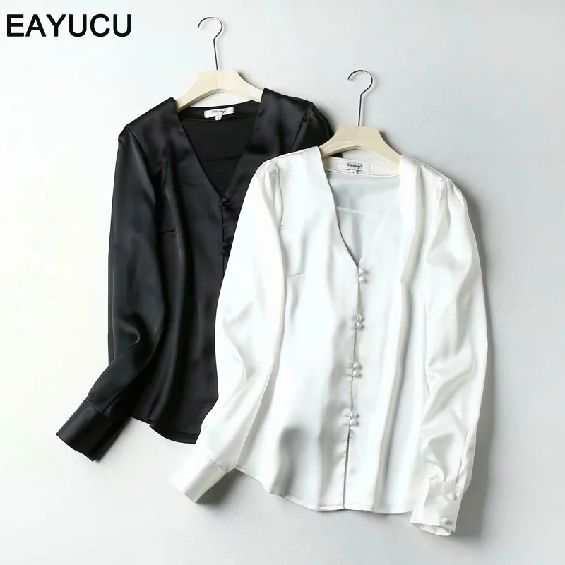 Элегантная черно-белая атласная шелковая Офисная Женская блузка eayuv новинка