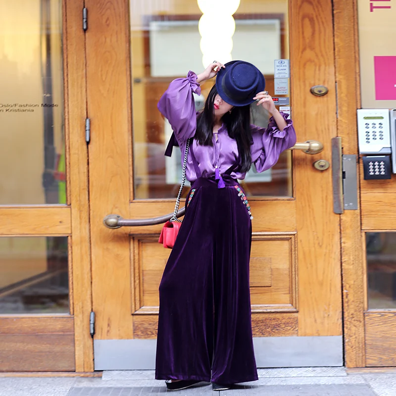 Autumn Women Spring Novelty Vintage Personality Lantern Sleeve Tassel Tie Collar Loose All-Match Basic Shirt Purple | Женская одежда