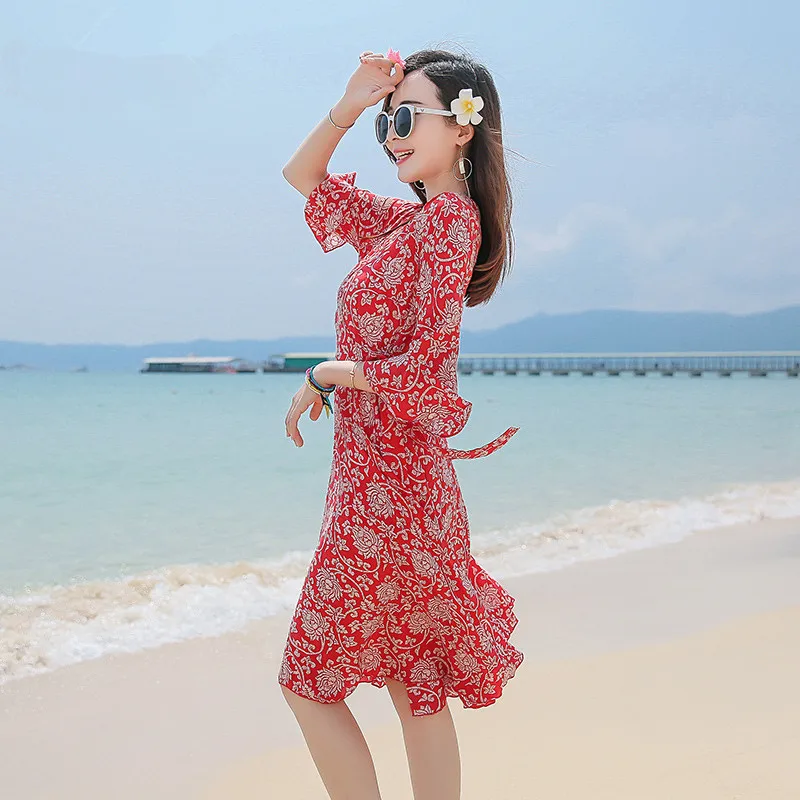 Chiffon Neck V Robe Femme Slim Bohemian Holiday Beach Dress Female Floral Summer Dresses For Women Vestidos Mujer FYY497 es | Женская