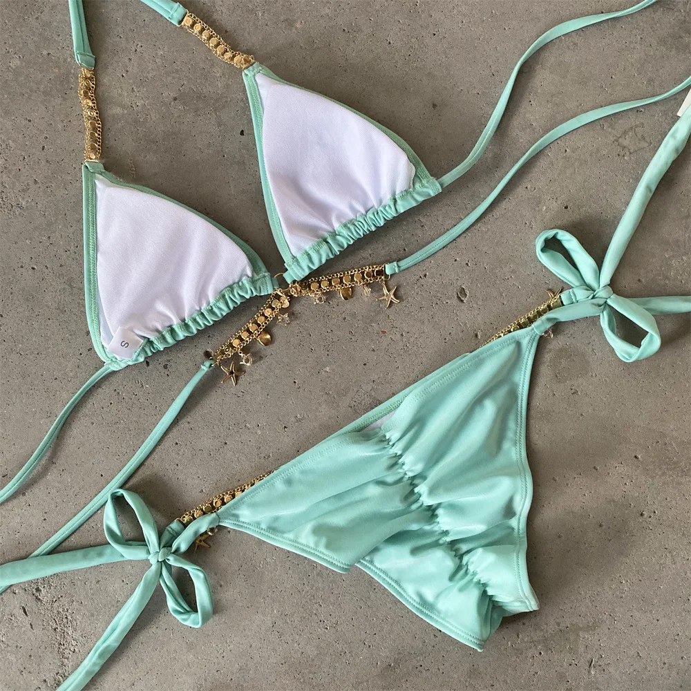 Fashion Trend Leisure Beach Cross Hanging Diamond Jewelry Diamond-studded Fine Beauty Bikini Bandage Split Swimsuit Multicolor