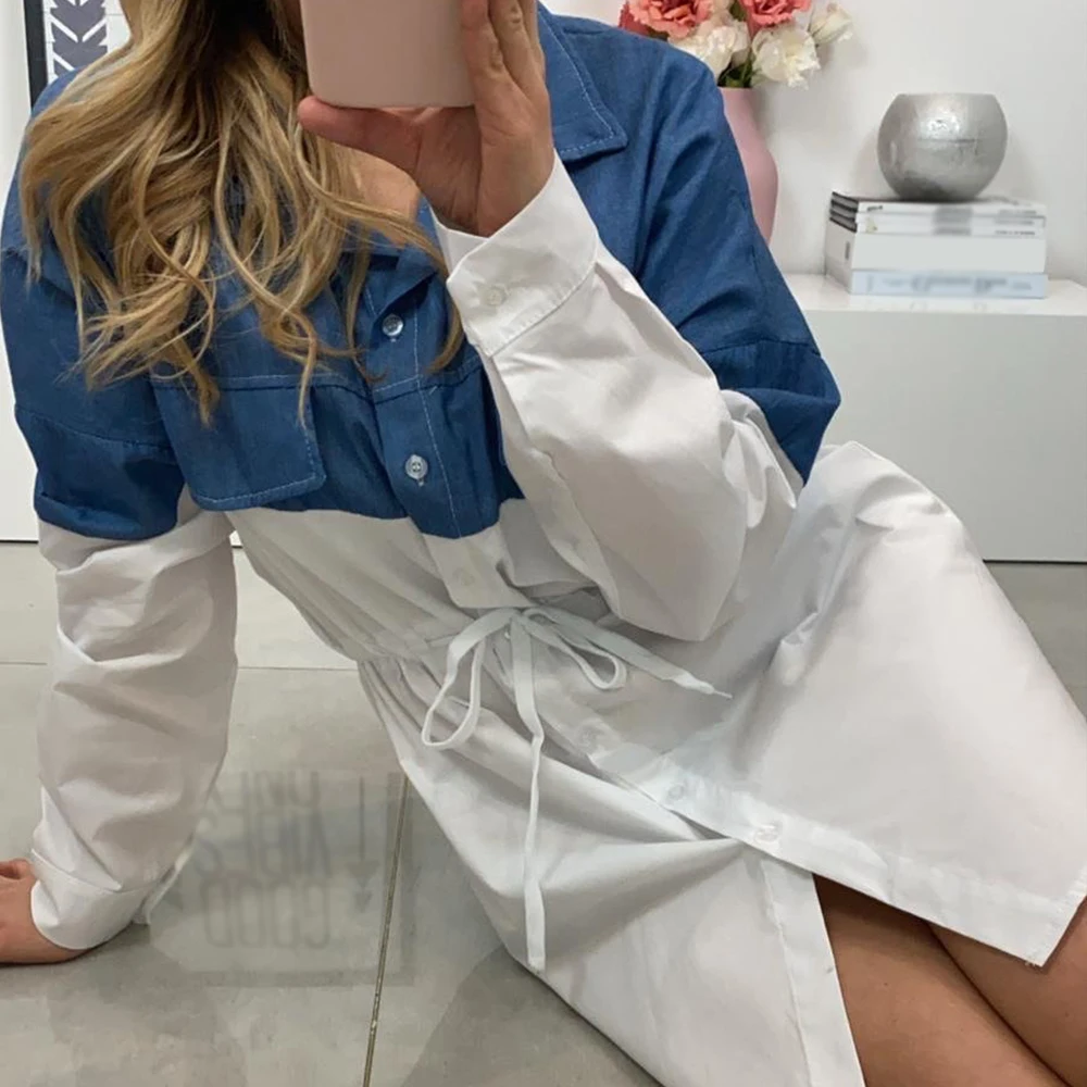 

Women Stitching Shirt Denim Stitching Mid-Length Shirt For Ladies Plus Size Women Clothes Adjustable Elastic Waistband Shirt D30